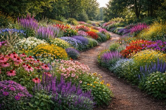 Vibrant Perennial Flower Borders Along Curved Pathway in Lush Garden