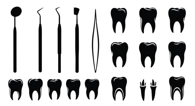 Dental tools and teeth silhouettes for oral health and dentistry.
