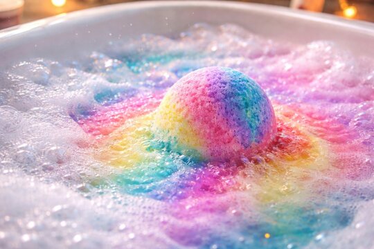 Colorful effervescent bath bomb and relaxing bubble bath background