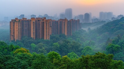 Obraz premium Misty cityscape with high-rise buildings and lush green forest