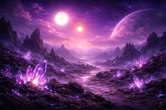 Alien planet landscape with crystals and rocks under two suns in a purple sky for space game background with parallax effect