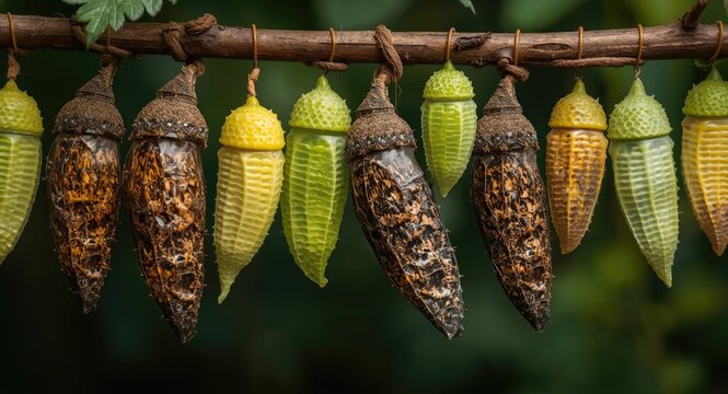 Hanging pupae and cocoons representing butterfly transformation concept