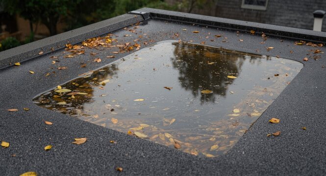 Water pooling after rain on flat roof with leaf debris indicating drainage issues and roof settlement