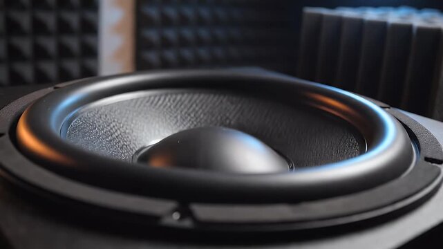 Close-up of a speaker cone and surrounding structure, set against acoustic foam