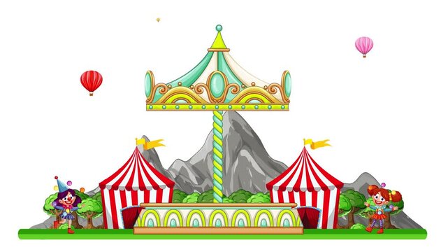 Animated Carousel and Carnival Fairground with Hot Air Balloons on White Background