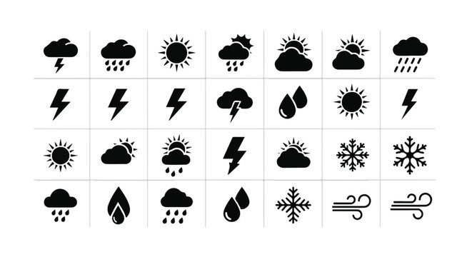Diverse weather icons set for forecasting and meteorological applications.