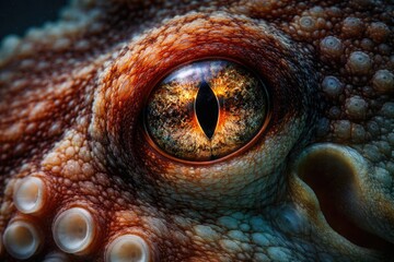 Naklejka premium Close-Up of Octopus Eye with Textured Skin Background