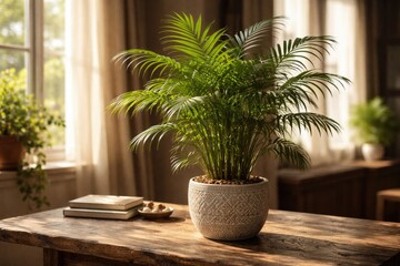 Fototapeta premium Indoor Chamaedorea palm in decorative pot on textured wooden table by window light