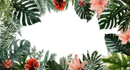 Fototapeta premium Tropical foliage and flowers arranged in a stylish hand drawn botanical layout
