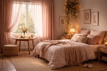 Fototapeta premium Cozy pink bedroom with soft curtains and a wooden table