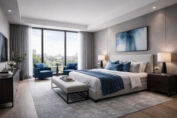 Fototapeta premium Contemporary spacious bedroom featuring sleek grey walls and large windows with blue accent decor