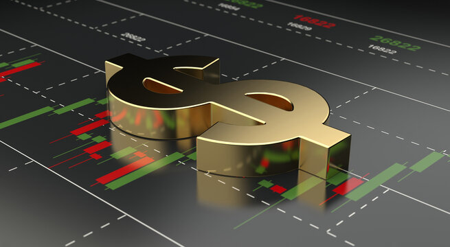 Dollar sign on financial stock market chart background, wealth and investment concept.