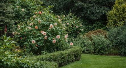 Naklejka premium Still garden corner boasting dense rose bushes and natural undergrowth