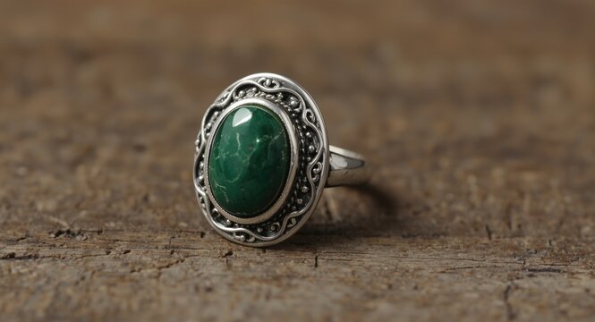 Vintage silver ring with a large rich green stone positioned on a textured wood surface crafted for jewelry images