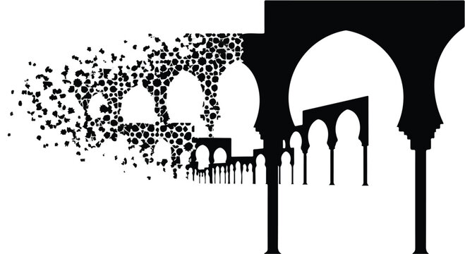 Abstract architectural silhouette dissolving into particles, symbolizing decay and transformation