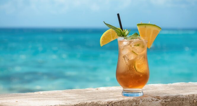 Summer coastal resort with tropical cocktails featuring rum cola and lime by the azure sea copy space
