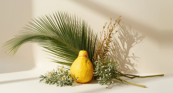 Symbols of Sukkot four species etrog citron palm lulav hadas myrtle and willow arava
