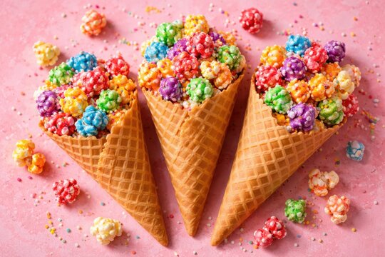 Bright rainbow sprinkled popcorn in waffle cones on soft pink background texture