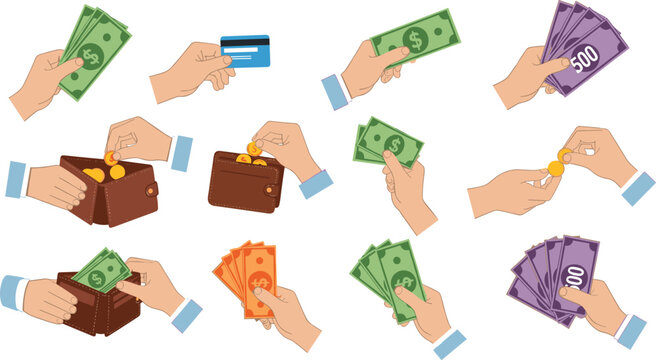 Hand and Money Icon Set with Wallet, Cash, Credit Card, and Coin for Finance, Transaction, and Payment Illustrations