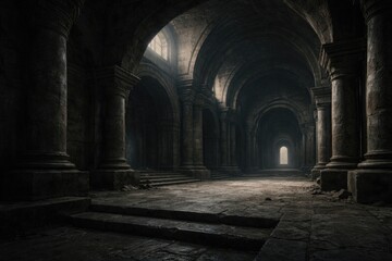 Fototapeta premium Ancient Concrete Interior with Arches and Dim Light