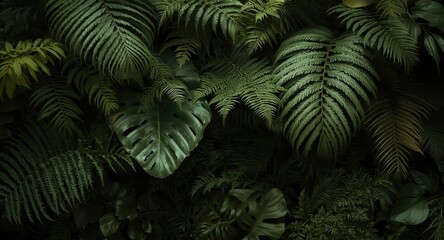 Fototapeta premium Vertical greenery featuring layered fern fronds and olive toned tropical leaves