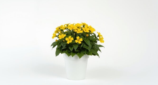 Yellow flowering bidens plant set inside a white pot on a smooth white backdrop