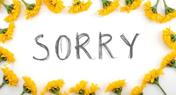 Handwritten message expressing sorry with yellow flowers on a white background