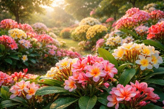 Colorful garden filled with blooming kamboja flowers under soft natural light