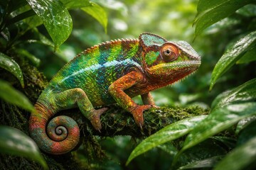 Fototapeta premium A vibrant chameleon blending into thick green foliage