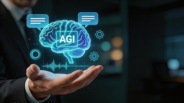 Businessman hand holding hologram of human brain with AGI text artificial general intelligence concept futuristic technology digital transformation innovation machine learning AI