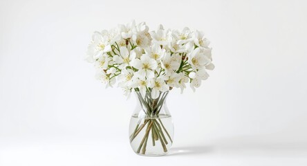 Obraz premium White blossoms arranged in a clear glass vase on a bright white background with copy space