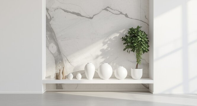 White vases placed consecutively next to a tall plant for a modern stylish display