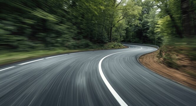 Tire speed test on curving path with motion smear and lush green environment highlighting agility and quickness