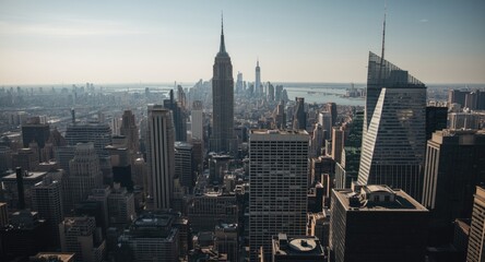 Obraz premium Wide shot aerial cityscape featuring multiple skyscrapers in daylight