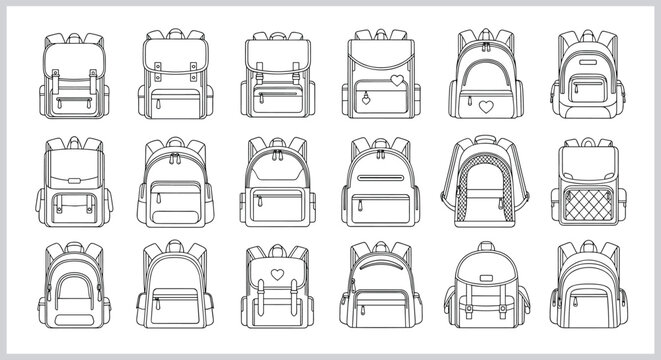 Backpack Icon Set with Various Designs and Styles for School, Fashion, and Lifestyle Illustrations