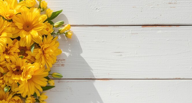 Yellow flamboyant blooms artistically placed on white wooden panel with open copy space for spring celebrations and Easter visuals