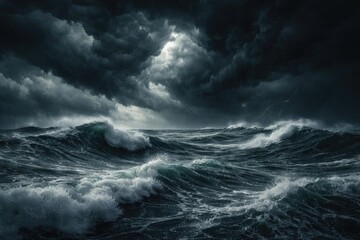 Dramatic stormy ocean seascape with hurricane clouds and turbulent waves under dark sky