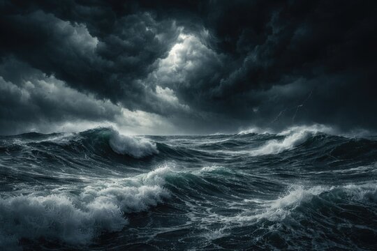 Dramatic stormy ocean seascape with hurricane clouds and turbulent waves under dark sky