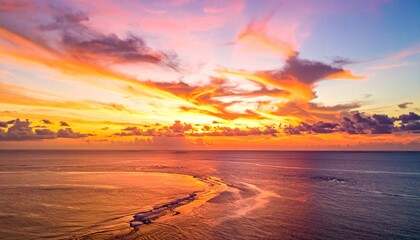 Spectacular golden hour over the tranquil sea, as a mesmerizing array of warm hues paints the sky and reflects on the ocean surface at dusk, creating a serene and picturesque seascape