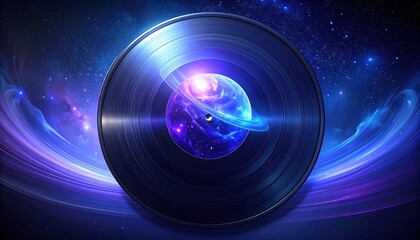 An artistic cosmic vinyl record with a glowing planet centered amidst vibrant nebulae, symbolizing ethereal harmony of music within the universe