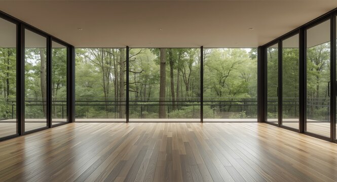 Spacious modern living area with panoramic glass windows revealing green forest and wood floors with copy space