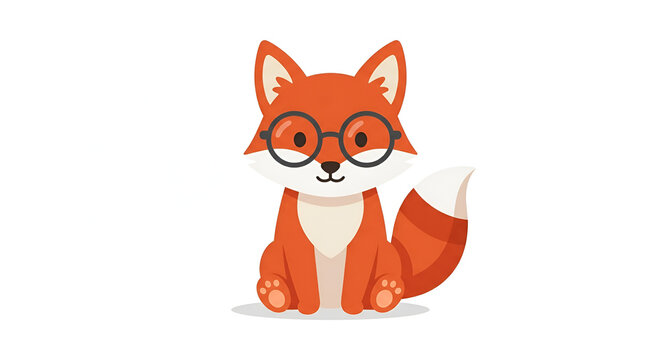 Cute red fox wearing black round glasses, minimalist flat vector illustration isolated on white background.