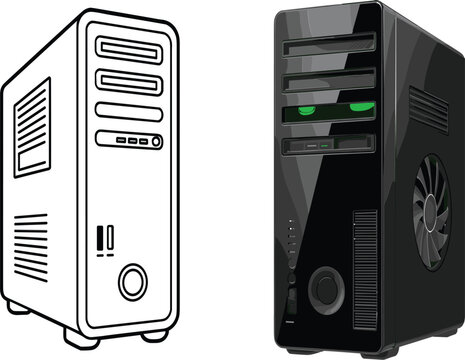 Modern Desktop Computer Tower Case Line Art and Realistic Vector Illustration for Technology Design Projects
