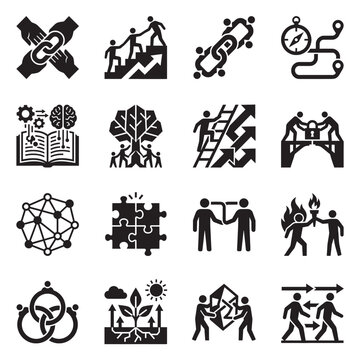 Sixteen mentoring silhouette icons set in grid