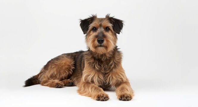 Content purebred Kurzhaar Drathaar dog posing serenely in studio with white backdrop and copy space