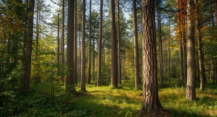 Obraz premium Sunny woodland vista showing a variety of tree trunks and foliage