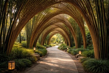 Fototapeta premium Elegant curved bamboo archways creating serene natural pathways