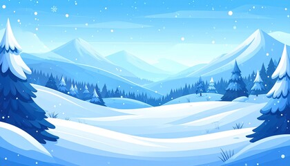 Idyllic animated winter wonderland scene with majestic snow-covered mountains, a serene snowy valley, and frosted evergreen trees under gentle snowfall, creating a peaceful seasonal backdrop