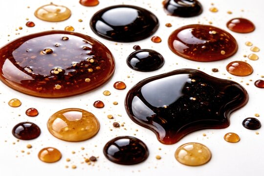 Close up of spilled teriyaki and oyster sauce drops on white surface with soy sauce and balsamic vinegar