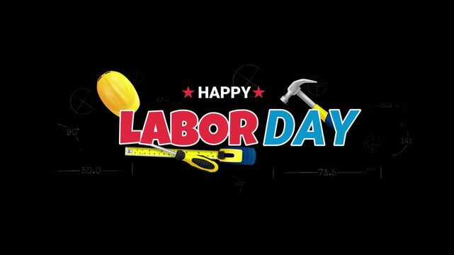 Colorful labor day text with construction tools and hard hat